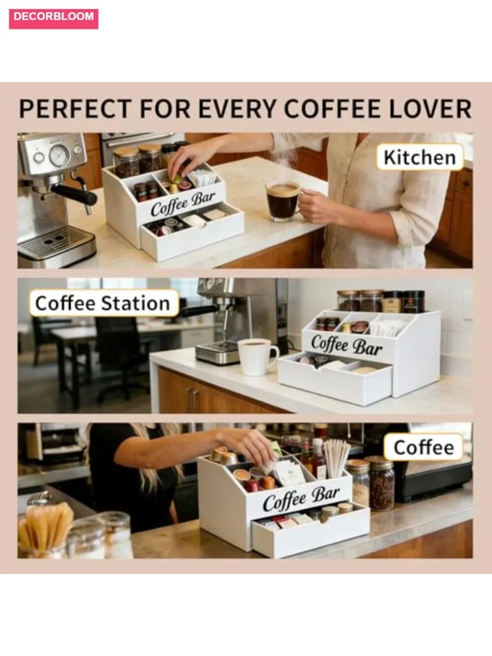 Wood Coffee Bar Organizer with Dust-Proof Drawer, 2-Tier Station